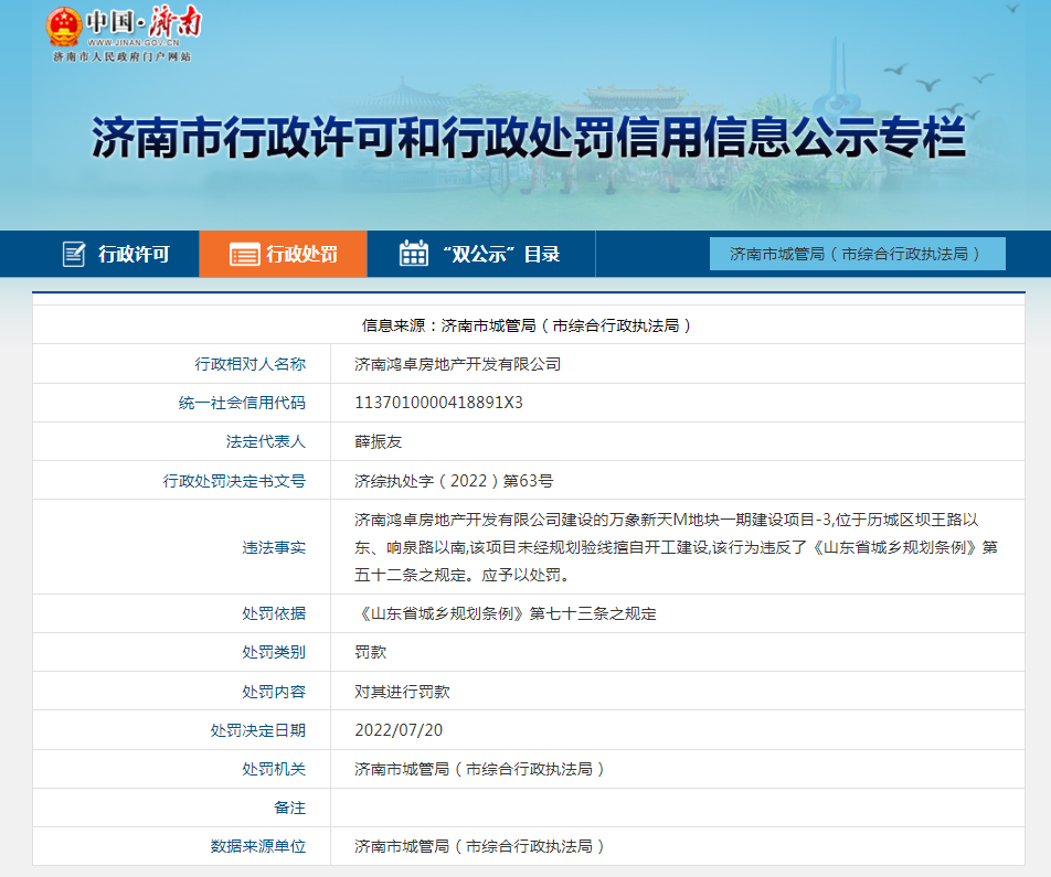 濟(jì)南萬(wàn)象新天項(xiàng)目未取得規(guī)劃驗(yàn)線確認(rèn)書(shū)擅自開(kāi)工建設(shè) 開(kāi)發(fā)商同天連收4張罰單